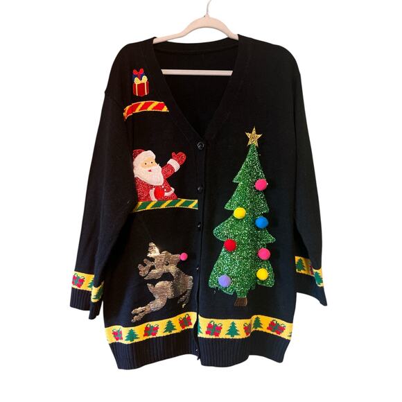 Ugly Christmas Sweater Black Cardigan Size XXL Santa Reindeer - Picture 1 of 7